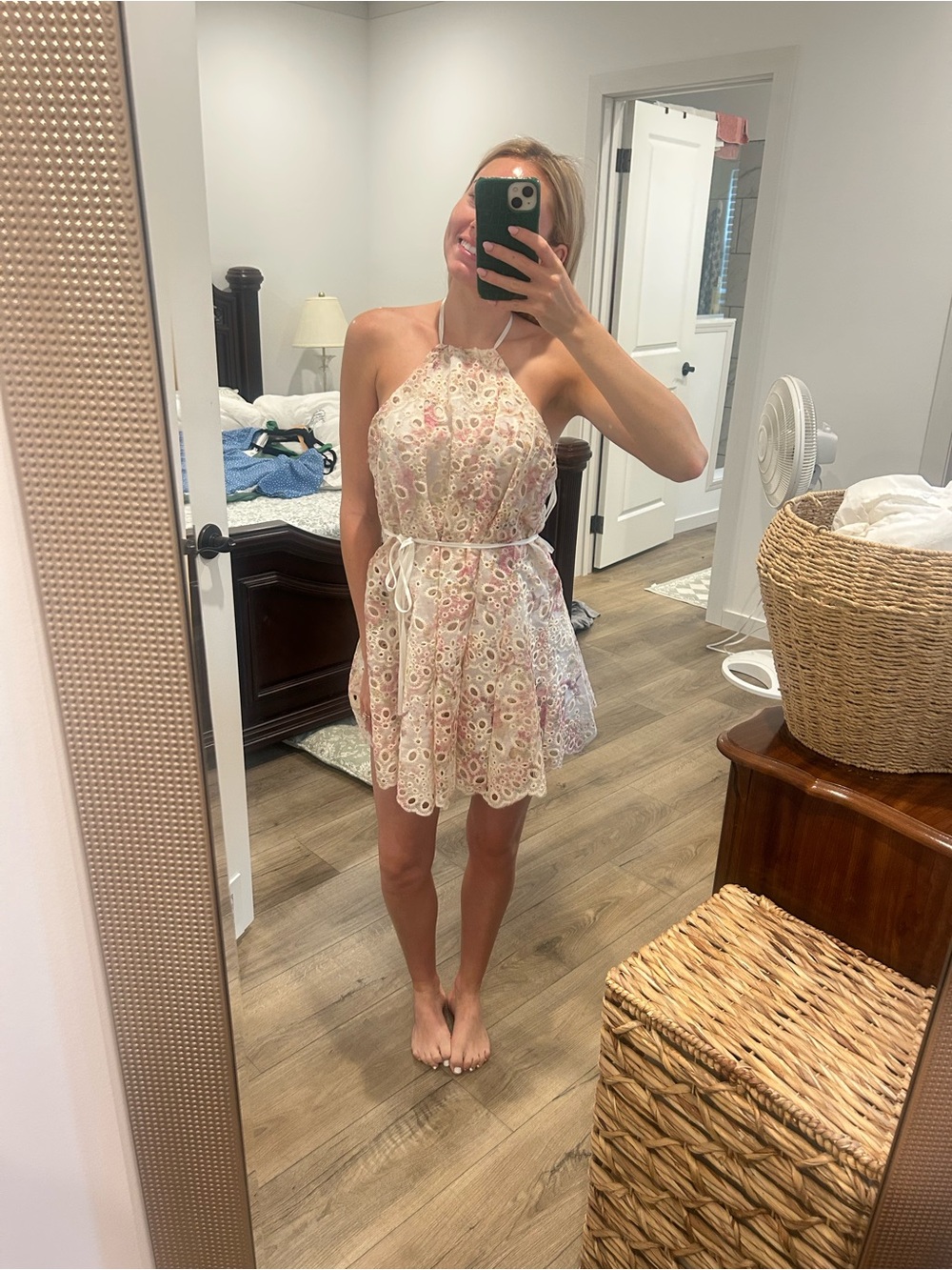 Sleeveless White & Pink Eyelet Halter Mini Dress
